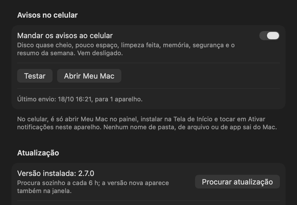 Os Ajustes do KeepFree: os avisos no celular, com o botão de testar, e a seção de atualização.