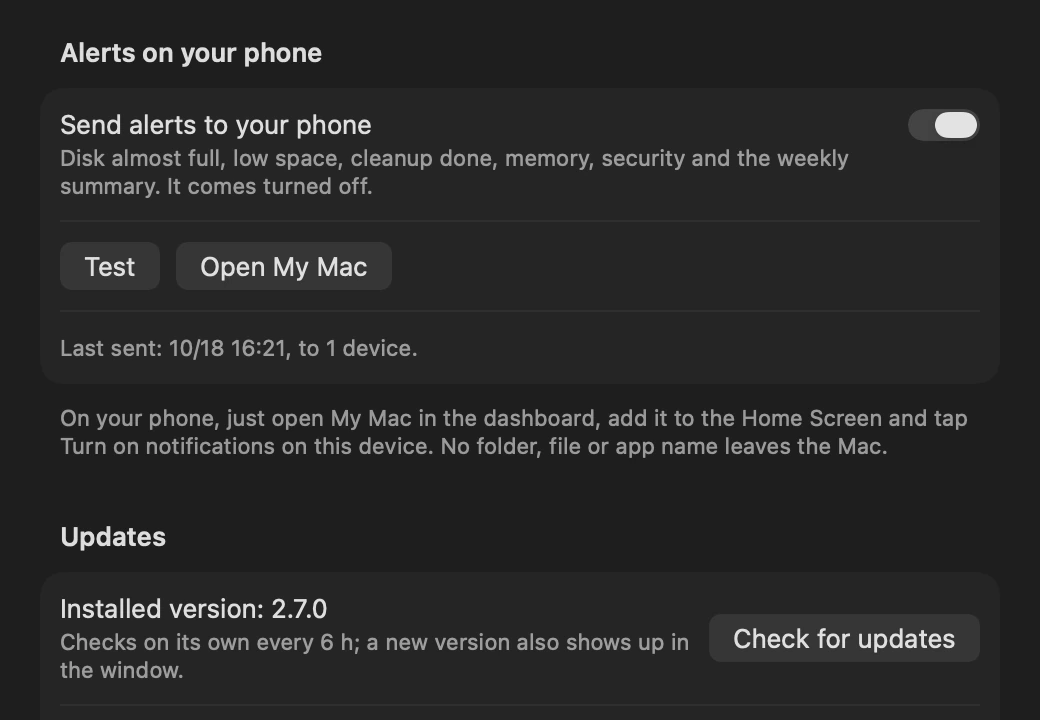 The KeepFree settings: phone alerts with a test button, and the update section.