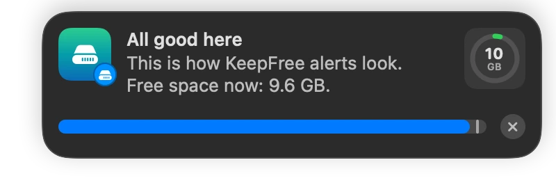 A KeepFree alert in the corner of the screen, styled like macOS notifications, with the space available now.