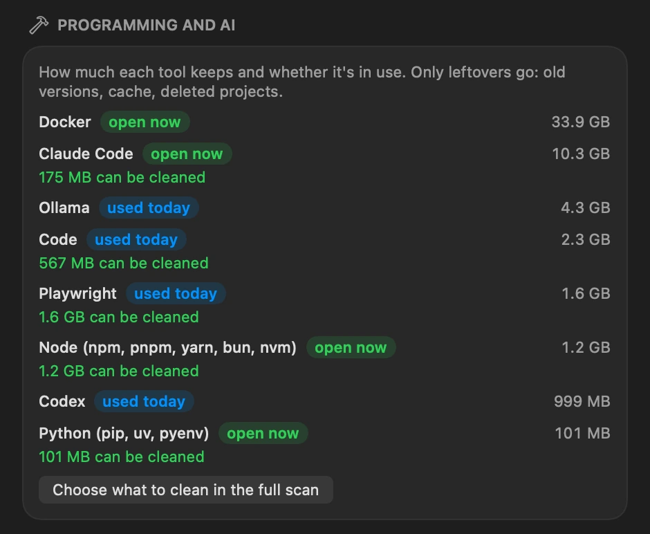 The developer and AI section: each tool with its usage badge, size and how much can be cleaned.