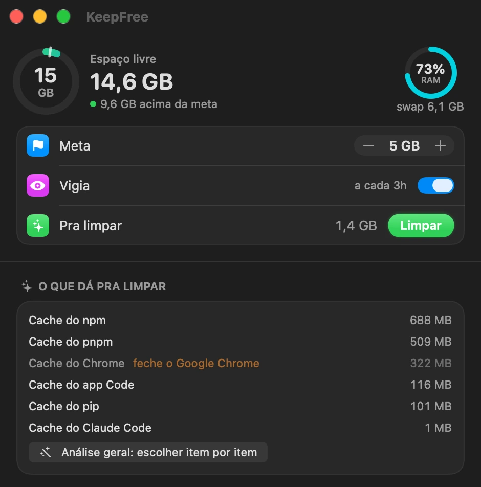 A janela do KeepFree com o espaço livre, a memória e a lista do que dá pra limpar, com os apps abertos marcados.